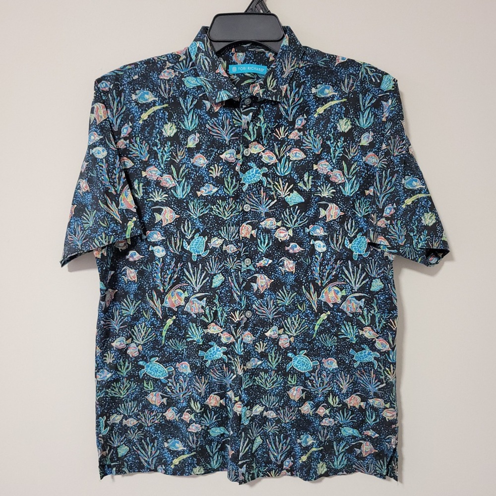 Tori Richard Stippling Sea Button Up Shirt Men M Black Marine Turtle USA Lawn